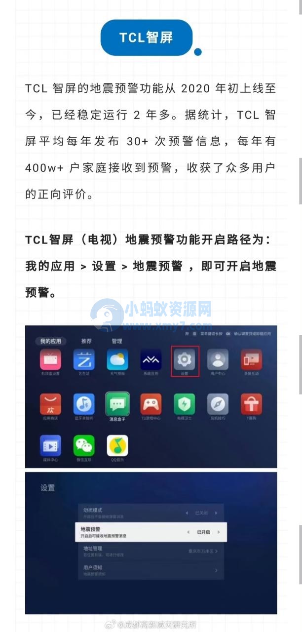 成都减灾所发布各大品牌手机、电视开启“地震预警”功能教程